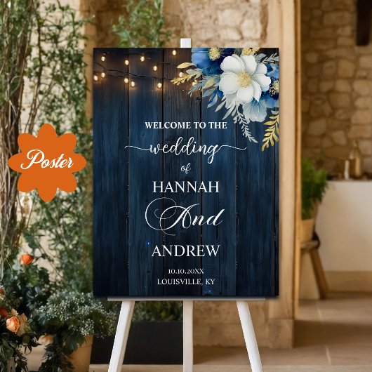 Rustiek Blauw Hout Wit Bloemen Huwelijk Welkom Poster