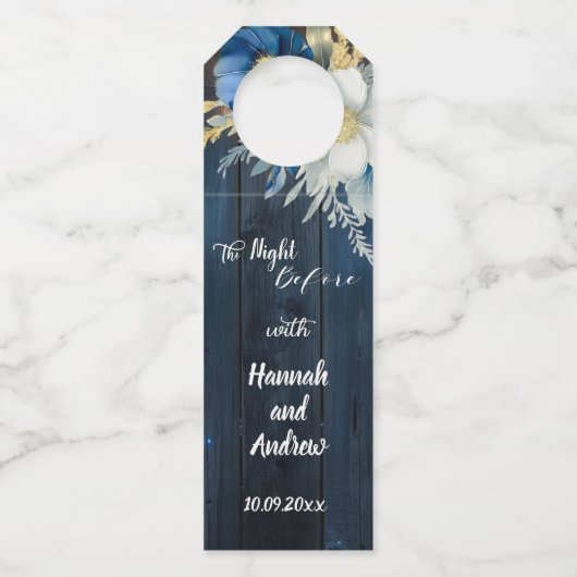 Rustiek Blauw Hout Wit Bloemen Repetitie Diner Flessenhanger (Voorkant)