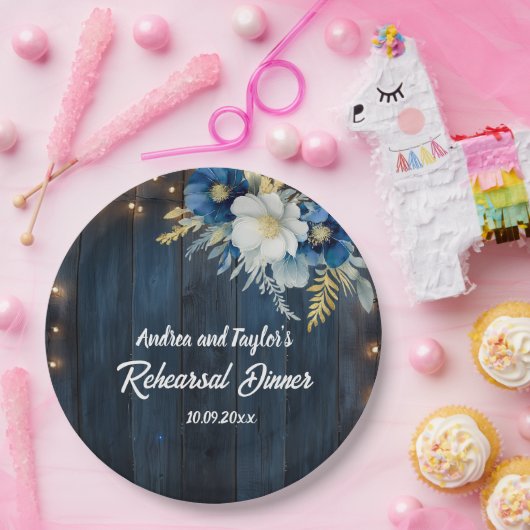 Rustiek Blauw Hout Wit Bloemen Repetitie Diner Papieren Bordje (Feest)