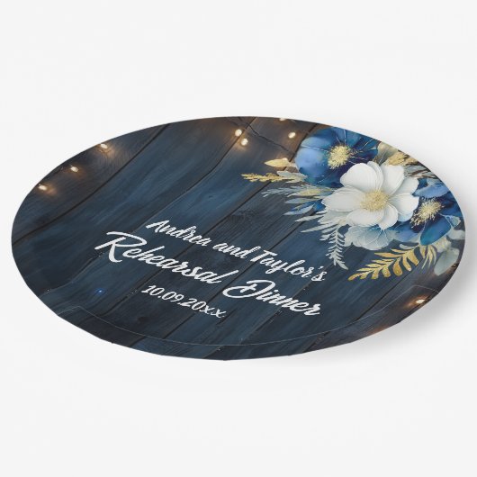 Rustiek Blauw Hout Wit Bloemen Repetitie Diner Papieren Bordje (Gekanteld)