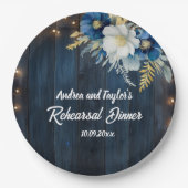 Rustiek Blauw Hout Wit Bloemen Repetitie Diner Papieren Bordje (Voorkant)