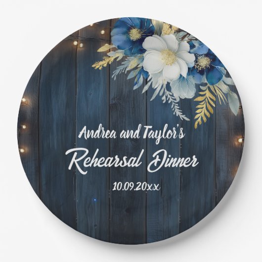 Rustiek Blauw Hout Wit Bloemen Repetitie Diner Papieren Bordje (Voorkant)