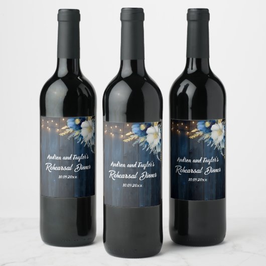 Rustiek Blauw Hout Wit Bloemen Repetitie Diner Wijn Etiket (Flessen)