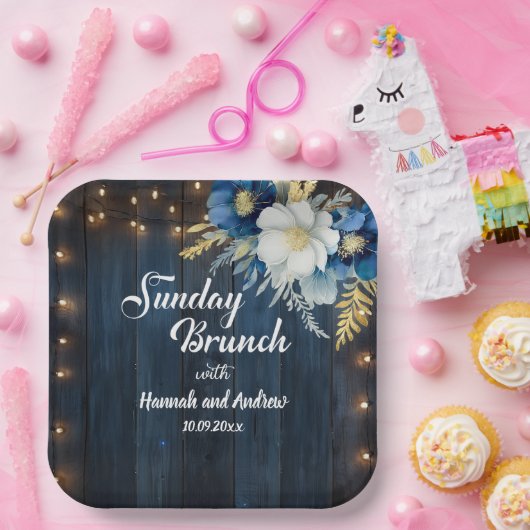 Rustiek Blauw Hout Wit Bloemen Zondag Brunch Papieren Bordje (Feest)