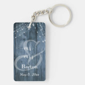 Rustiek blauw hout, wit licht snaren Mr. & Mrs Sleutelhanger (achterkant)