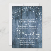 Rustiek Blauw Hout, Wit Licht Strings Bruiloft 2 Kaart (Voorkant)