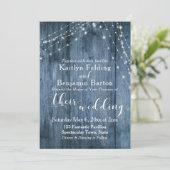 Rustiek Blauw Hout, Wit Licht Strings Bruiloft 2 Kaart (Staand voorkant)