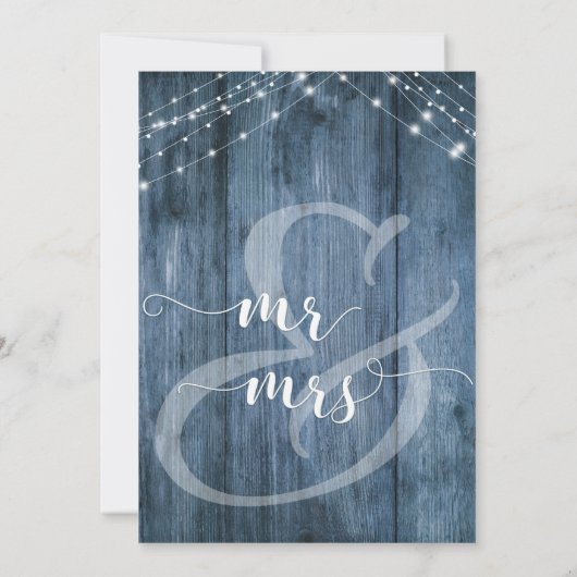 Rustiek Blauw Hout, Wit Licht Strings Bruiloft 2 Kaart (Achterkant)