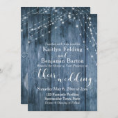 Rustiek Blauw Hout, Wit Licht Strings Bruiloft 2 Kaart (Voorkant / Achterkant)