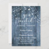 Rustiek Blauw Hout, Wit Licht Strings Bruiloft Kaart (Voorkant)