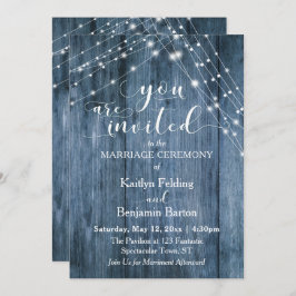 Rustiek Blauw Hout, Wit Licht Strings Bruiloft Kaart