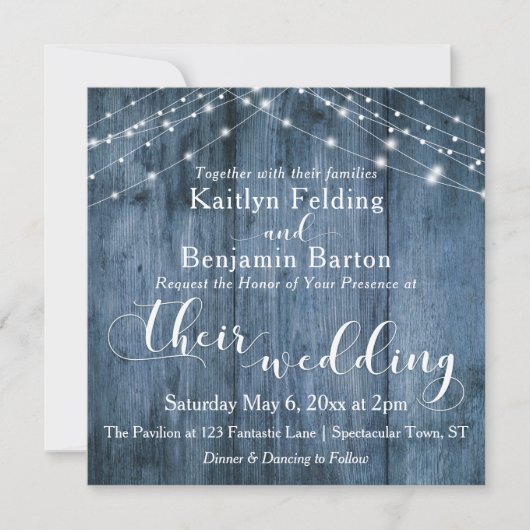 Rustiek Blauw Hout, Wit Licht Strings Bruiloft Kaart (Voorkant)