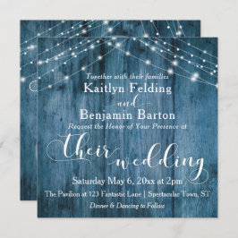 Rustiek Blauw Hout, Wit Licht Strings Bruiloft Kaart