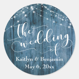 Rustiek Blauw Hout & Wit Licht Strings Bruiloft Ronde Sticker