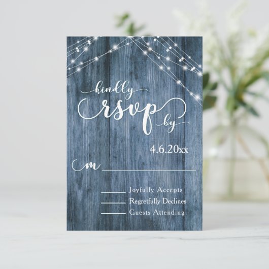 Rustiek Blauw Hout, Witte Lichte Koorden RSVP Kaartje (Staand voorkant)