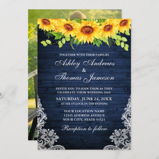 Rustiek Blauw Hout Zonnebloem Bloemen Kant Foto Kaart (Voorkant / Achterkant)