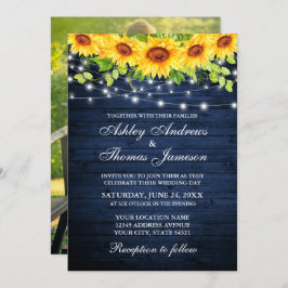 Rustiek Blauw Hout Zonnebloem Bloemen Lichten Foto Kaart