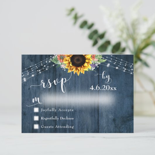 Rustiek Blauw Hout Zonnebloem Boeket Lichten Bruil RSVP Kaartje (Staand voorkant)
