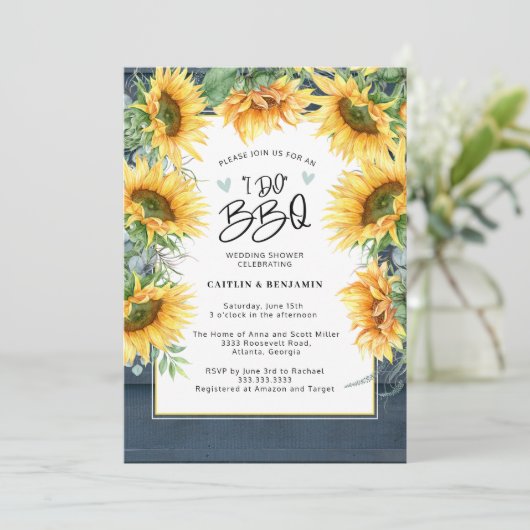 Rustiek Blauw Hout Zonnebloem Ik Doe BBQ Vrijgezel Kaart (Staand voorkant)