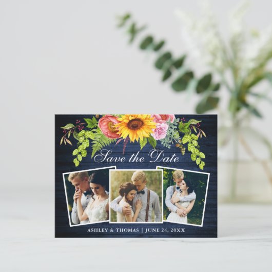 Rustiek Blauw Hout Zonnebloem Save the Date Foto Uitnodiging Briefkaart (Staand voorkant)
