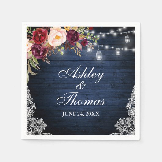 Rustiek Blauw Houten Huwelijkskruik Lichten Bloeme Servet (Voorkant)