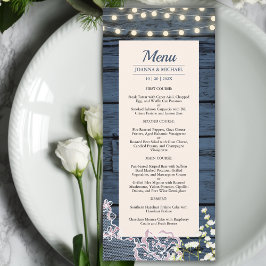 Rustiek Blauw Houten Koordlichten & Kantbruiloft Menu