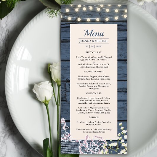 Rustiek Blauw Houten Koordlichten & Kantbruiloft Menu