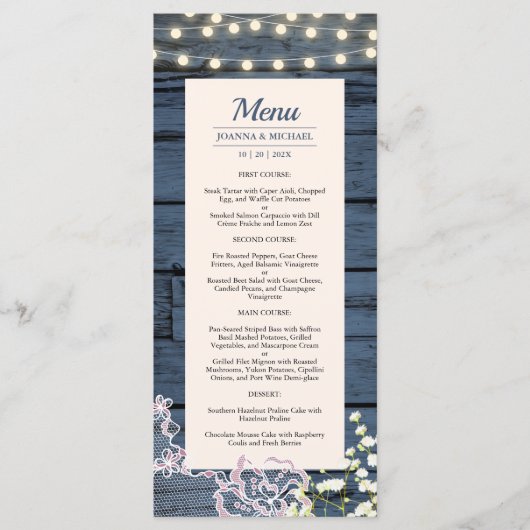 Rustiek Blauw Houten Koordlichten & Kantbruiloft Menu (Voorkant)