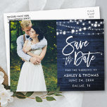 Rustiek Blauw Houten Lichten Borstelscript Save th Briefkaart<br><div class="desc">Modern borstelscript,  rustiek blauw hout,  strijklichten Sla de datum Verloving paar foto Briefkaart</div>