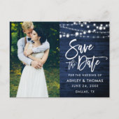 Rustiek Blauw Houten Lichten Borstelscript Save th Briefkaart (Voorkant)