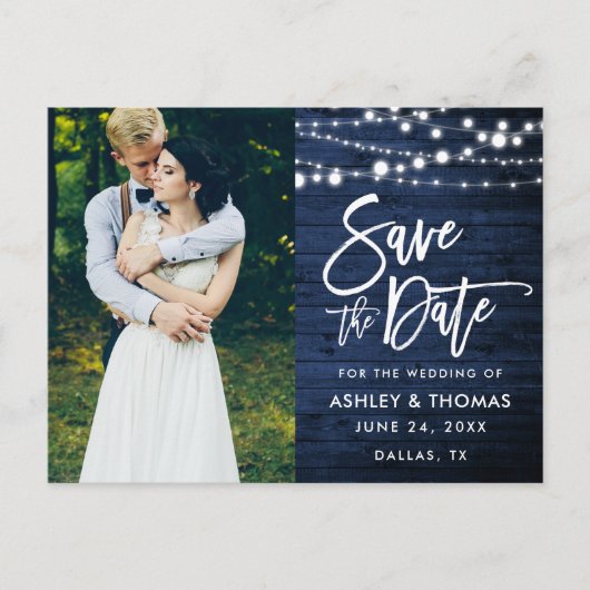 Rustiek Blauw Houten Lichten Borstelscript Save th Briefkaart (Voorkant)