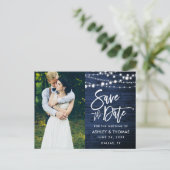 Rustiek Blauw Houten Lichten Borstelscript Save th Briefkaart (Staand voorkant)