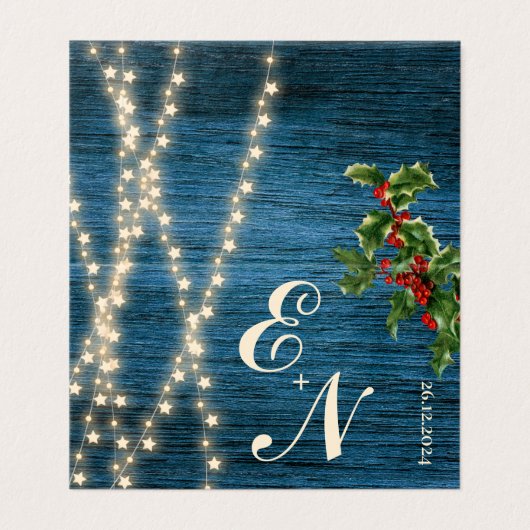 Rustiek Blauw Houten Monogram Lichten Kerstmis Bru Kaart (Buitenkant ongevouwen)