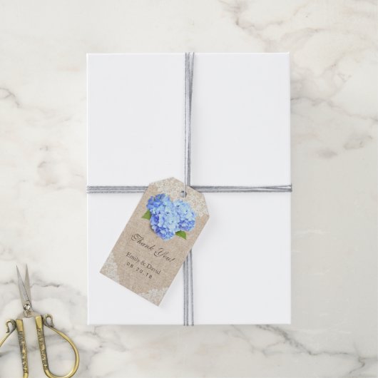Rustiek Blauw Hydrangea Kant & Burlap Bruiloft Fav Cadeaulabel (Met Touw)