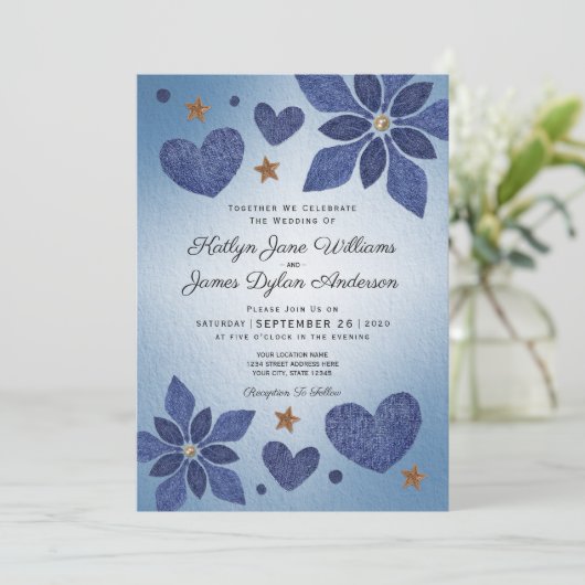 Rustiek Blauw Jean Denim Bloemen Country Wedding Kaart (Staand voorkant)