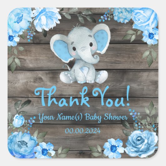 Rustiek Blauw Jongen Olifant Label Sticker Baby sh (Voorkant)