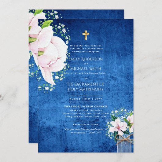 Rustiek Blauw Katholiek Nuptial Mass Bruiloft Kaart (Voorkant / Achterkant)
