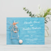 Rustiek blauw, kleine fles, anker, strand bruiloft kaart (Staand voorkant)