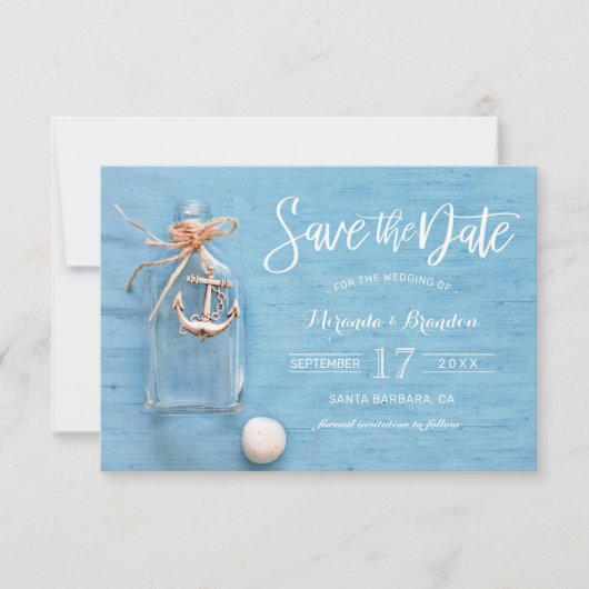Rustiek Blauw, Kolf, Anker, Strand Save the Date Kaart (Voorkant)