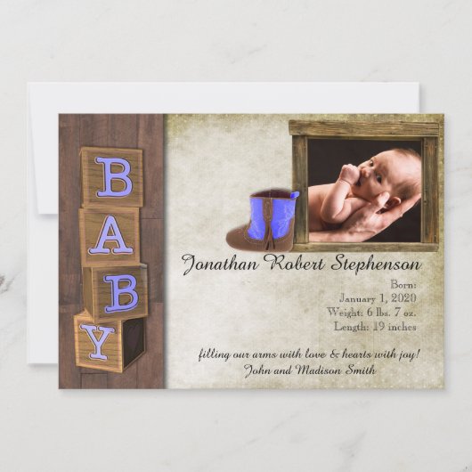 Rustiek Blauw Land Foto Baby Aankondiging (Voorkant)