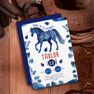 Rustiek Blauw Paard Pony Waterverf Verjaardagsfees Kaart