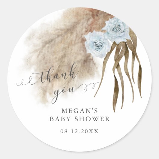 Rustiek blauw Pampas Grass Baby shower Ronde Sticker (Voorkant)