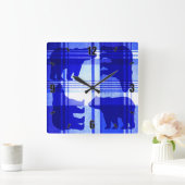 Rustiek blauw plaid beren vierkant wandklok (Huis)