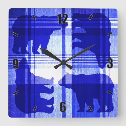 Rustiek blauw plaid beren vierkant wandklok (Voorkant)