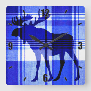 Rustiek blauw plaid eland wandklok