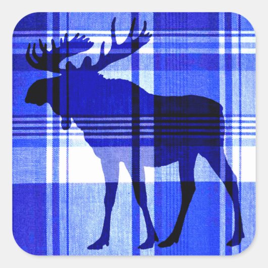 Rustiek blauw plaid elanden vierkante stickers (Voorkant)
