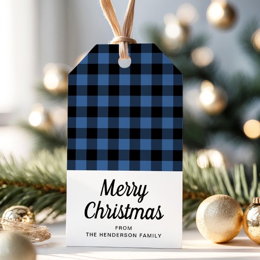 Rustiek Blauw Plaid Vrolijk Kerstfeest Cadeaulabel