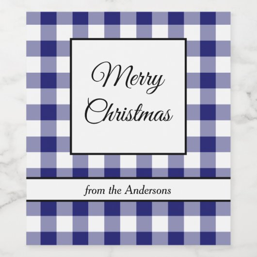 Rustiek Blauw Plaid Vrolijk Kerstfeest Wijn Etiket (Enkel label)