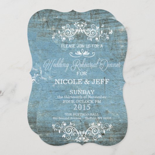 Rustiek Blauw Repetitie Diner Uitnodiging (Voorkant / Achterkant)