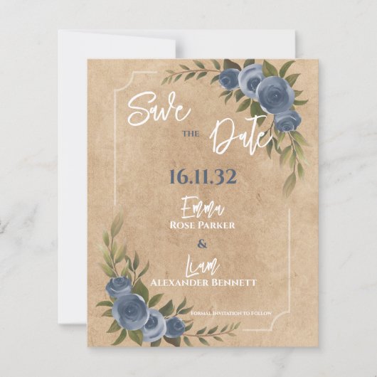 Rustiek Blauw Roos Bloemen Huwelijk Save the Date (Voorkant)